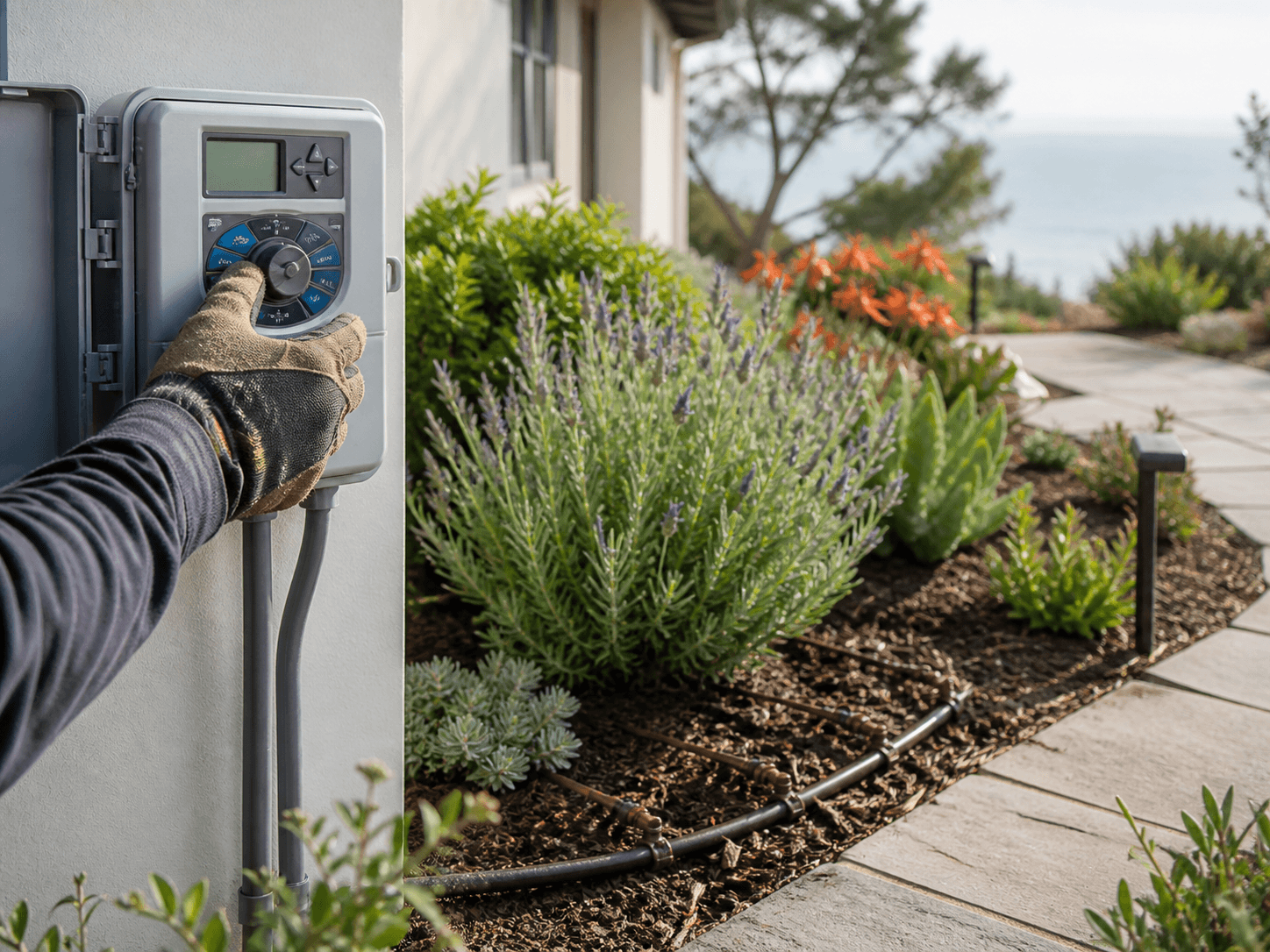 Representative image of an irrigation controller being adjusted for water efficiency