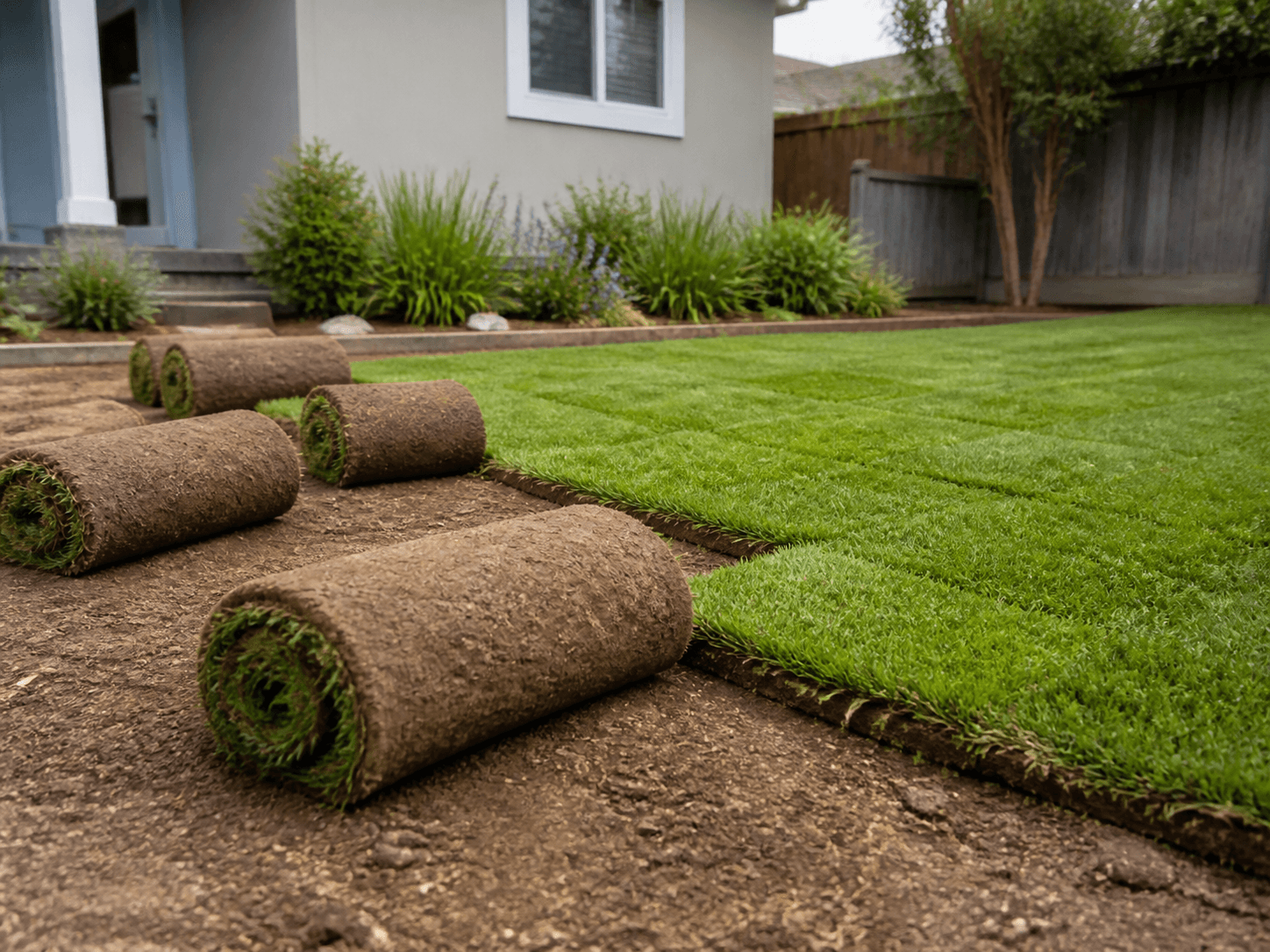 Example of fresh sod being installed in a residential yard